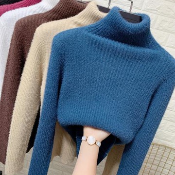 高領水貂絨修身毛衣女秋冬馬海毛保暖打底上衣內搭洋氣毛絨針織衫