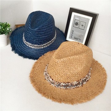 韓版中性男女士拉菲草花邊草帽毛邊情侶禮帽爵士帽防曬遮陽帽子夏1入