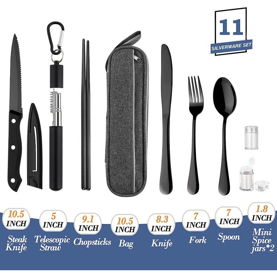 Portable Travel Reusable Utensils Silverware with Case Travel Camping Cutlery set Chopsticks and Straw Flatware  Stainless steel Travel Utensil set