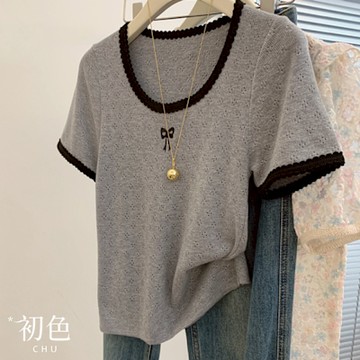 初色 簡約風撞色圓領低領口蝴蝶結短袖針織上衣女上衣-灰色-12846(F可選)