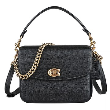 COACH CASSIE 19 C字旋釦鵝卵石紋皮革翻蓋手提斜背包(黑)