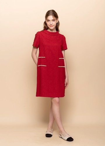 亮感淨雅圓翻領花紗洋裝