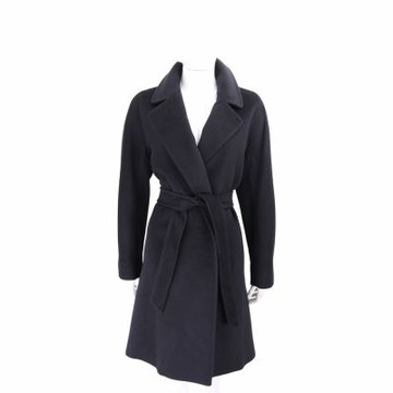 Max Mara-WEEKEND CORTE 翻領明線邊 黑色純羊毛長袍式綁帶大衣 外套