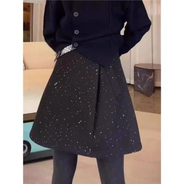 2025秋冬新款毛呢細閃A字裙短裙大碼胖MM歐洲站高腰顯瘦半身裙子