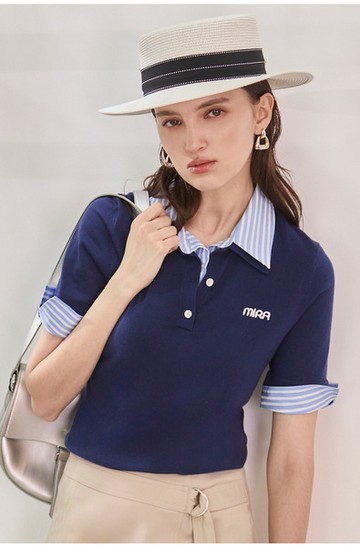 仿兩件異素材半開襟線衫