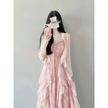 小香風吊帶連衣裙兩件套裝女夏新款度假風粉色仙女超仙防曬公主裙