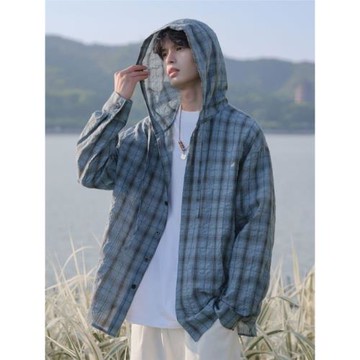 戶外輕薄連帽格子防曬襯衫男夏季加大碼潮胖子寬松透氣速干防曬服