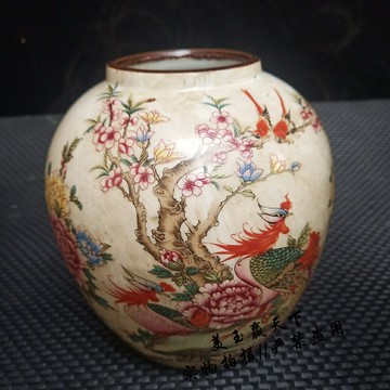 古玩陶瓷器收藏 仿古大號儲物罐 祥鳳來儀花鳥罐 客廳裝飾品擺件