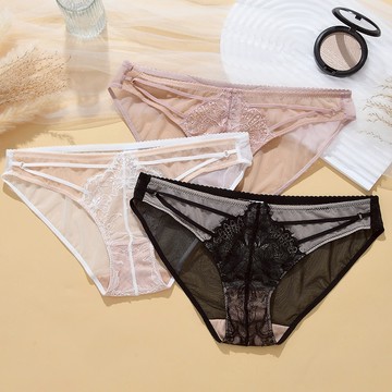 「MOJITO」溫柔如水‧中低腰半透明網紗細帶鏤空三角褲 透氣純棉襠蕾絲性感小褲女(3色選) S-XL