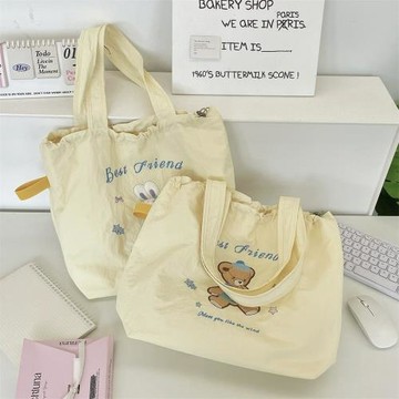 6511 小熊兔子刺繡抽繩帆布包奶黃配色少女心通勤上課單肩帆布包