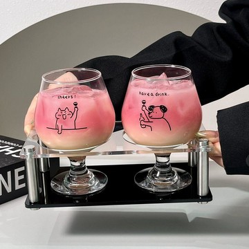原創可愛小狗玻璃杯情侶高腳杯甜酒杯果酒飲料杯冰咖啡杯氣泡水杯 水杯 咖啡杯 雙層玻璃杯 咖啡玻璃杯 玻璃杯有蓋 犬