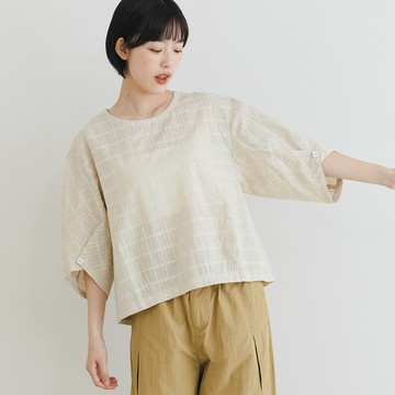 a la sha 日系透膚格紋澎袖上衣
