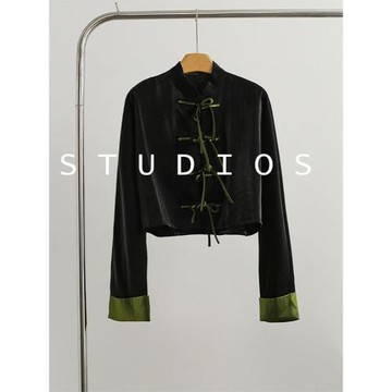 新中式改良國風盤扣襯衫上衣老錢風穿搭黑色醋酸短款外套秋裝女裝