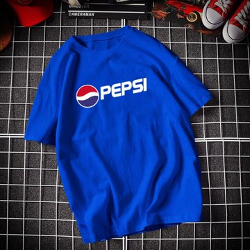 新款百事可樂聯名藍色短袖T恤女明星同款ins寬松潮牌情侶純棉上衣