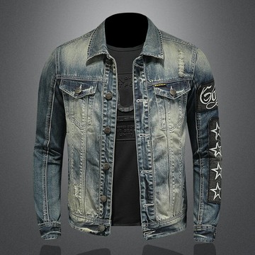 FINDSENSE X 2022 街頭時尚潮流 男士 復古 修身 拉鍊 星星貼布 夾克外套 牛仔外套