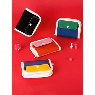 韓國live work拼色帆布短款零錢包卡包女士隨身小物收納包耳機包