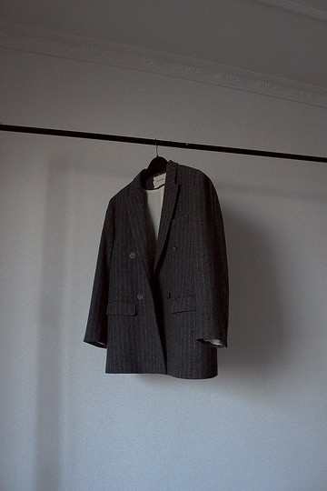 客製 復古條紋羊毛呢雙排扣寬鬆西裝外套 深灰