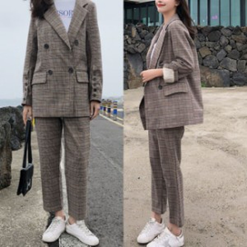 チェック セットアップ 韓国 ファッション レディース 春服 パンツスーツ グレンチェック 可愛い ダブルスーツ アンクルパンツ 上下セッ 通販 Lineポイント最大1 0 Get Lineショッピング