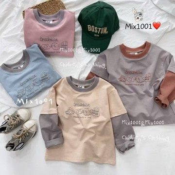 🌈✨mix1001 微發泡小幽靈👻荷包蛋印圖拼袖上衣 ✨兒童接袖麵包早餐印圖上衣5-17