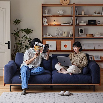 小半家具秋實沙發北歐櫻桃木實木絨布沙發四人明藍色 (H014368890)