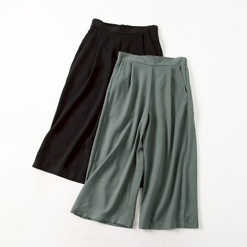 簡約閑適 半松緊高腰寬松闊腿七分袖休閑褲女1入
