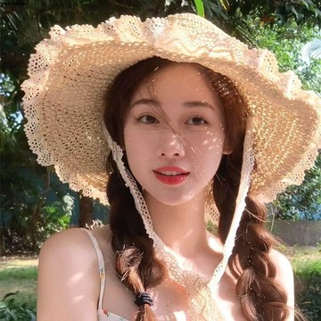 【2024新款】女士草編帽子 蕾絲飄帶 鏤空草帽 夏季出游 防曬太陽帽 沙灘帽 女款遮陽帽 大帽沿遮陽帽 防曬帽子 草帽