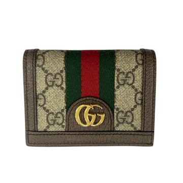 【二手名牌BRAND OFF】GUCCI 古馳 烏木色 PVC塗層帆布 Ophidia GG 短夾 523155