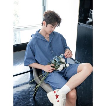 CHICERRO西西里男裝夏季美式重磅純色涼感冰絲原色牛仔套裝男百搭