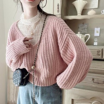 清倉撿漏GL1031 周末梨香 V領寬松休閑粗針燈籠袖毛衣 24秋冬 女