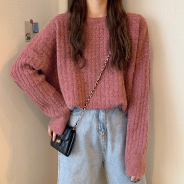 2021年早秋冬季新款寬松外穿套頭加厚針織毛衣女裝圓領慵懶風韓版