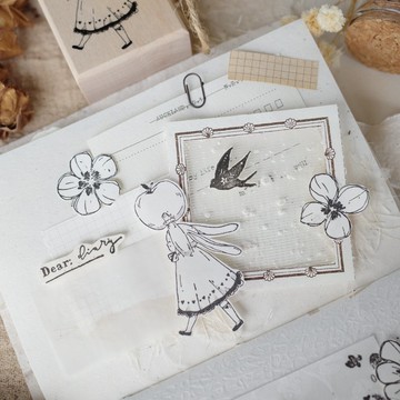 蘋果小鳥與女孩 輕復古人物 木質手帳印章