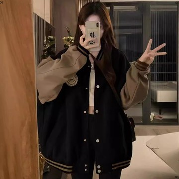 加絨加厚繡花圖案女式棒球服美式ins冬季vintage學生寬鬆外套