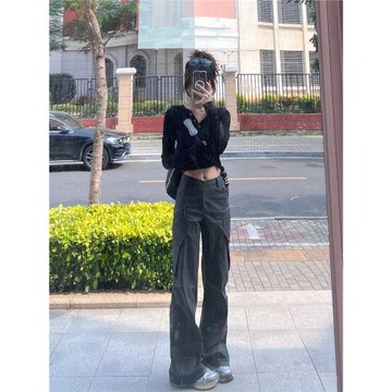 SUN11 深灰色美式高腰直筒工裝褲女2025新款春秋設計感顯瘦休閑褲