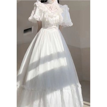 法式復古宮廷風白色蕾絲洋裝 大裙擺禮服 伴娘服敬酒服 海邊度假裙 白色泡泡袖連衣裙 氣質千金風 法式氣質時尚白色洋裝 法