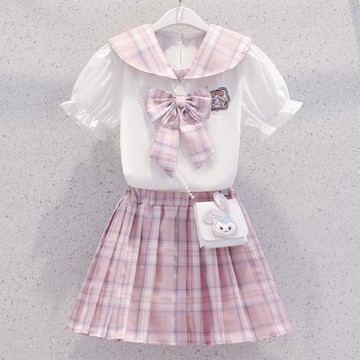 女童套裝夏款jk裙學院風制服夏裝2025新款網紅兒童百褶裙兩件套薄