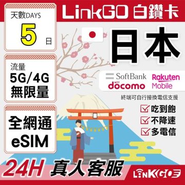 LINKGO白鑽卡 日本全網通 eSIM卡 5天吃到飽不降速 多電信 高速流量(日本網卡 東京 大阪 福岡 北海道 沖繩)