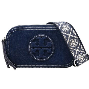 TORY BURCH 169246 牛仔織布雙層拉鍊斜背相機包.海軍藍