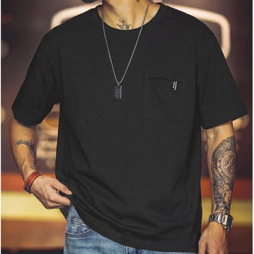 Wuluwear 美式復古T恤男夏季萊賽爾亞麻混紡190g寬鬆透氣口袋短袖大尺碼短袖