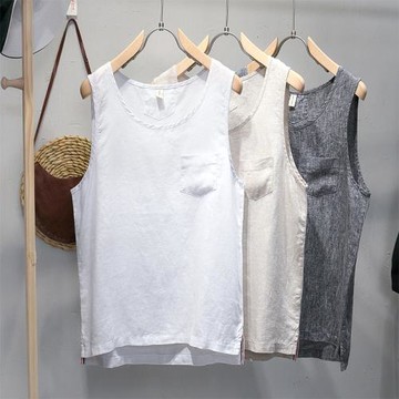 夏季男士亞麻背心寬松無袖坎肩潮牌青年運動休閑工裝馬甲打底汗衫