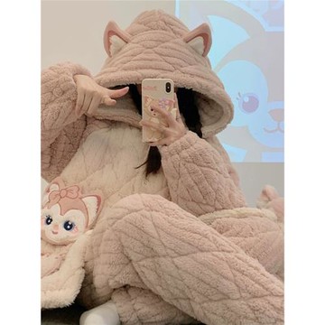 睡衣女款珊瑚絨三層夾棉襖冬季加厚加絨法蘭絨冬天可愛家居服套裝