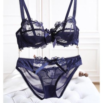 歐美刺繡網紗超薄款全透明性感誘惑鏤空無海綿內衣女文胸套裝胸罩