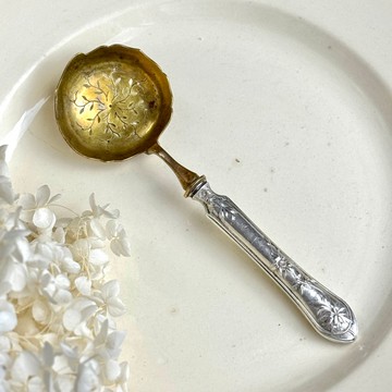 50648-珍稀法國古董濾茶匙 純銀柄 銅鍍金匙面