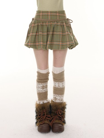 ziziFei秋冬美式復古高腰顯瘦綠色格紋毛系帶兜兜短裙半身裙女