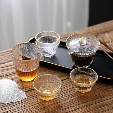 公道杯玻璃錘紋蓋碗茶具套裝式日本大號竹節紋功夫茶具配件泡茶器