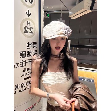 原創透氣亞麻花朵不規則褶皺貝雷帽子女春秋文藝大頭圍百搭報童帽