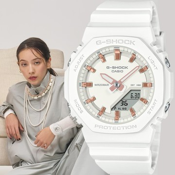 CASIO 卡西歐 G-SHOCK 優雅玫瑰金時標 八角雙顯手錶-百搭白 GMA-P2100M-7A