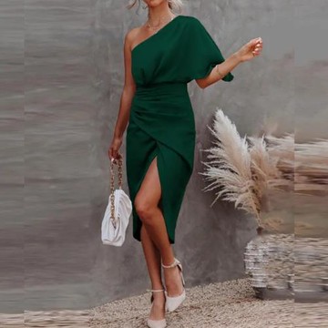 歐美氣質夏季女裝單肩露肩斜領聚會洋裝褶皺不規則中長款連衣裙子