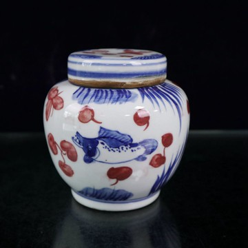 古玩收藏青花瓷器香粉罐 青花釉里紅便攜密封茶葉罐 魚紋罐擺件