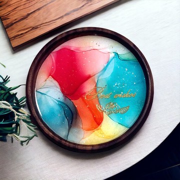 酒精墨水藝術優質胡桃木杯墊 - Best Wishes (B)