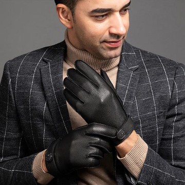 seoul show首爾秀 仿鹿皮紋皮帶按扣頭層小綿羊皮珊瑚絨真皮觸控騎車保暖手套